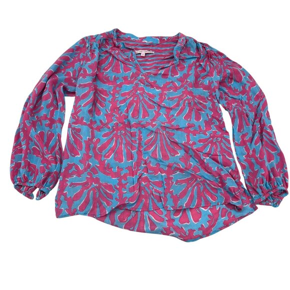 Barbara Gerwit Blouse Women's size Small Blue Pink Long Sleeve Popover - Picture 1 of 7